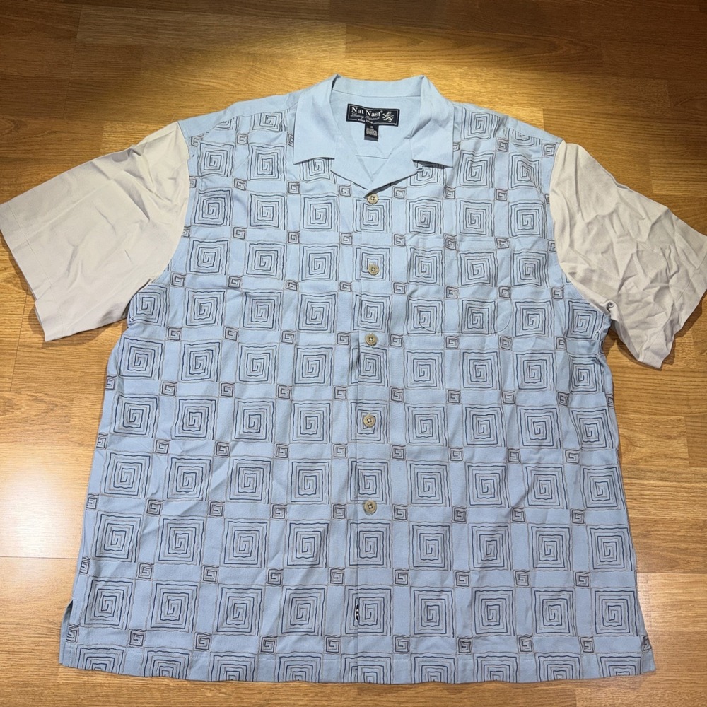 Nat Nast Shirt Mens XL Silk Blend Classic Button Up  Short Sleeve Shirt Pattern